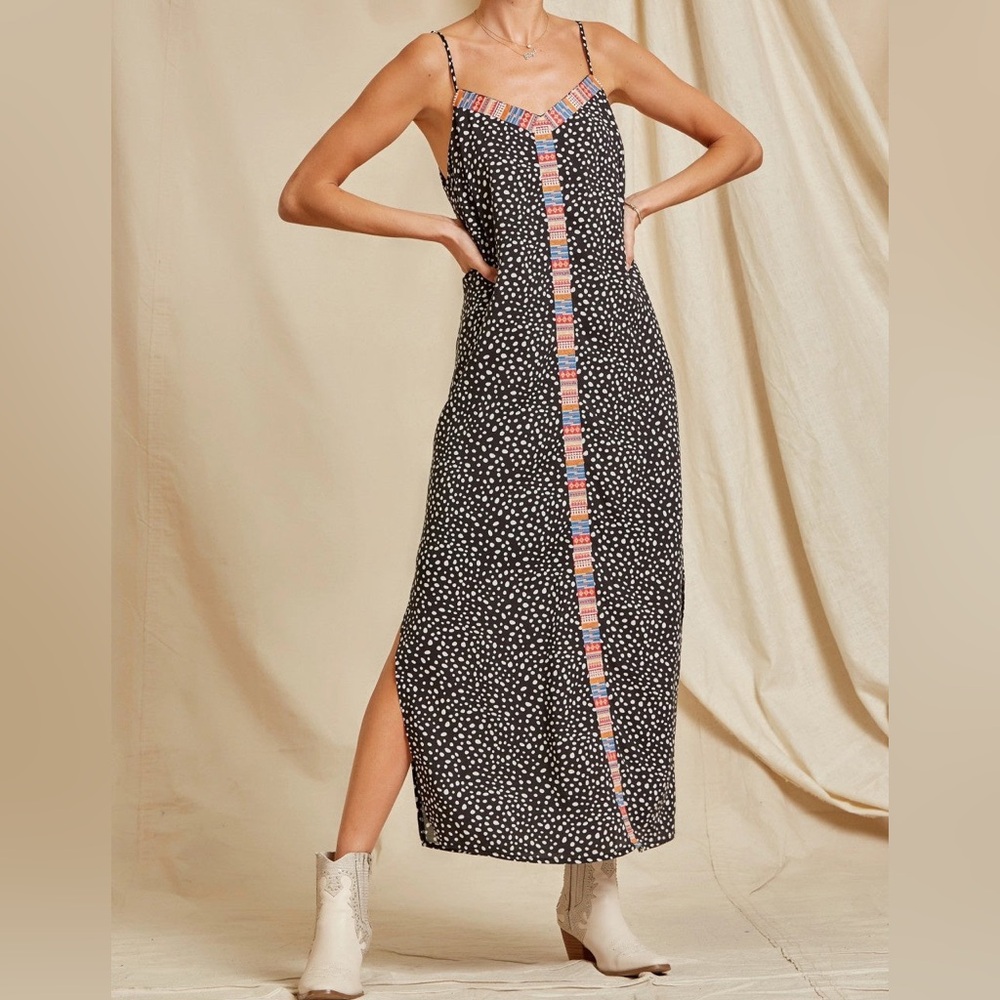 Savanna Jane Black & White Polka Dot Maxi Dress with Colorful Trim